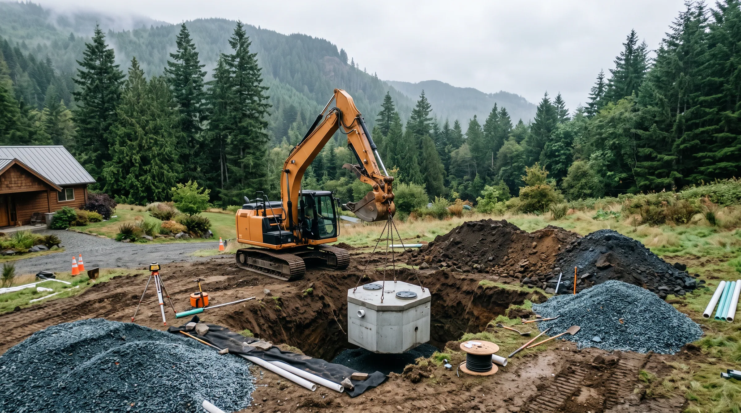 Excavator setting a new concrete septic tank at a home near Granite Falls, WA
