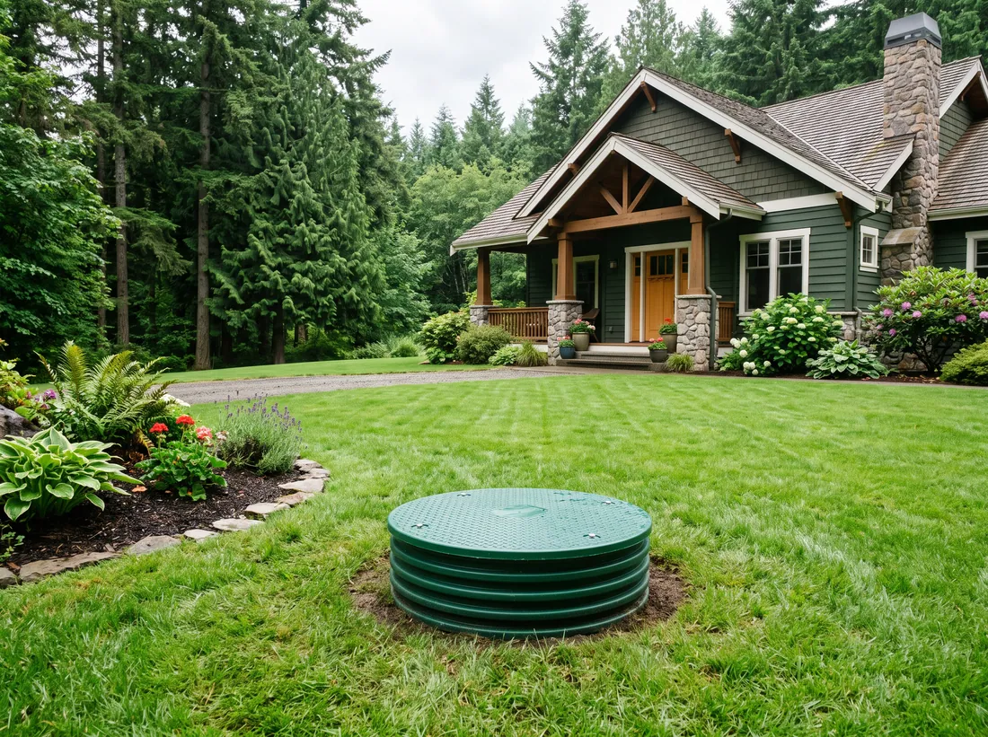 New green septic riser and lid in a lawn